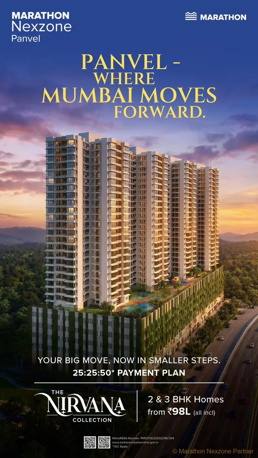 Architectural rendering of the high-rise tower buildings at Marathon Nexzone Panvel, showcasing the modern facade and surrounding green landscape at sunset